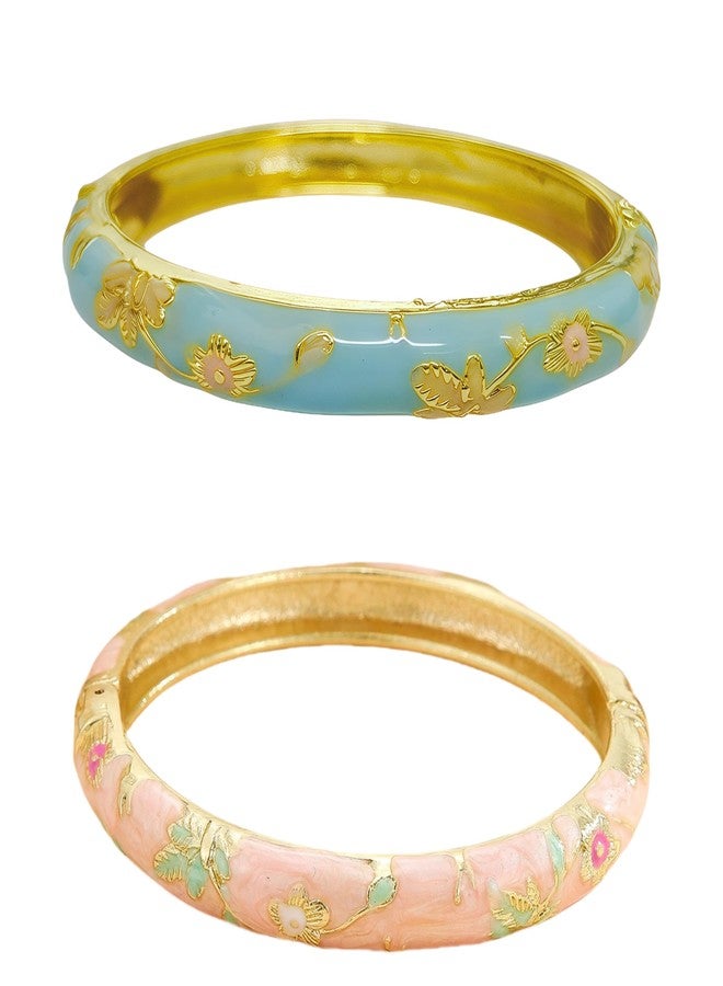 BlingNook Cloisonne Bracelet For Women, Chunky Bangle Trendy Cute Flower Enamel Bangles Multi Tone Engraved Cuff Gold Plated Bracelets Stackable Wife Jewelry Friendship Gift (Blue&Pink Set, One Size) - Image 1